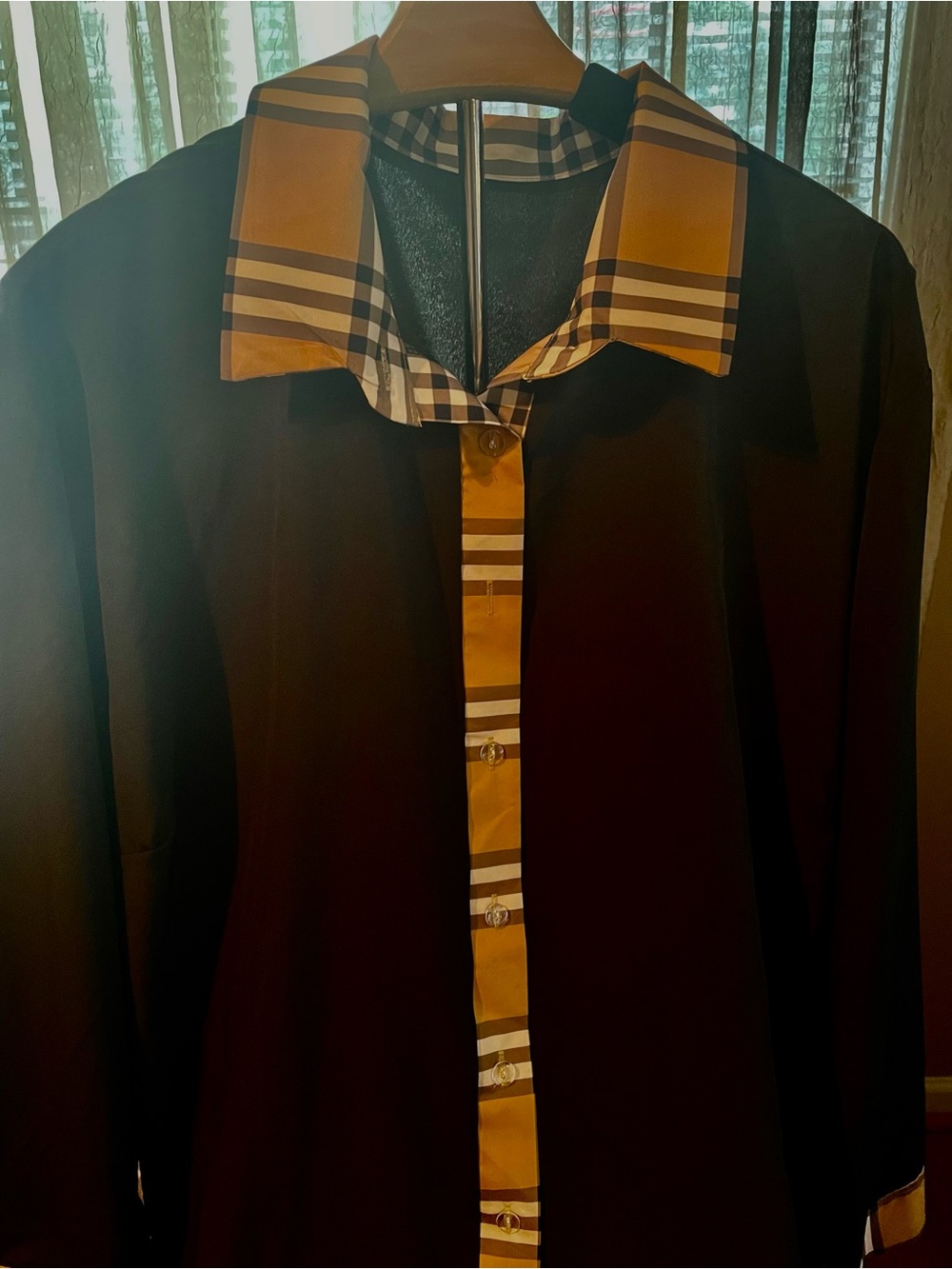 Women's Black Shirt with Tan Plaid Trim